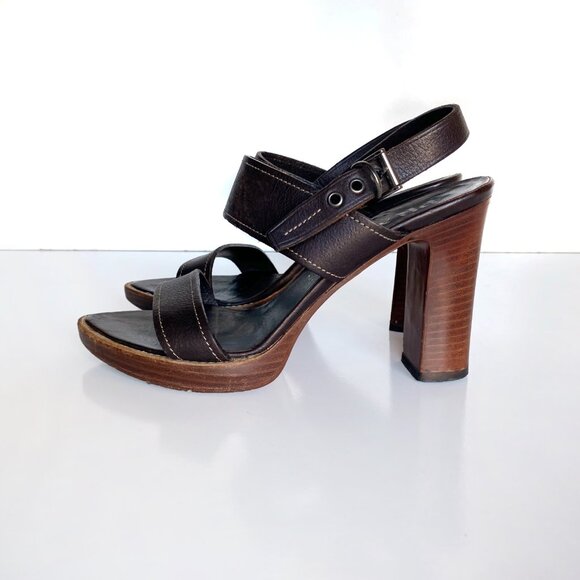 Prada Women’s Brown Leather Platform Sandals Block Heel Size 37 EU / 7 US Y2K - Picture 10 of 11
